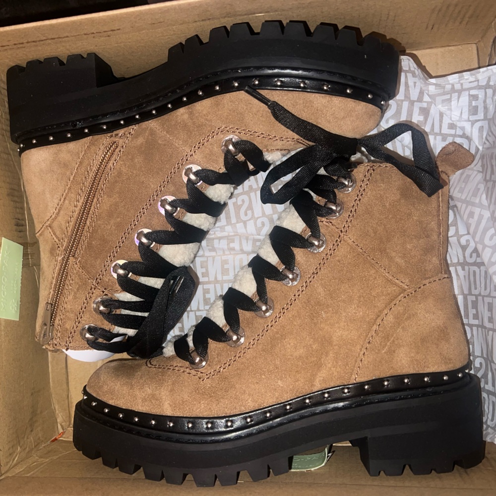 Steve Madden chestnut rainier suede combat stud satin ribbon boot